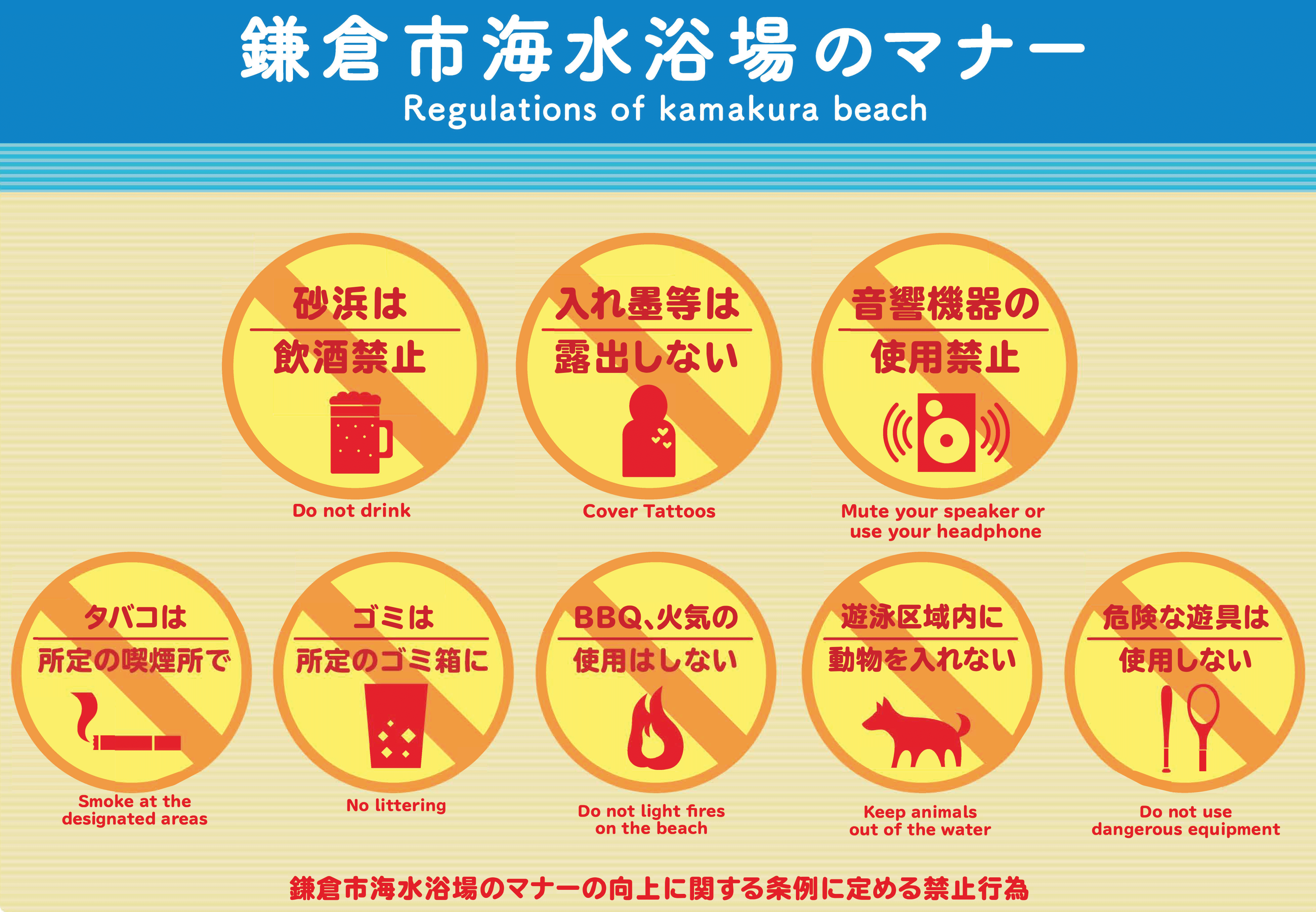 「鎌倉市海水浴場のマナーの向上に関する条例」を守って楽しい海水浴を！